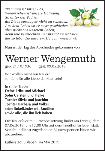 Traueranzeige von Werner Wengemuth von Mitteldeutsche Zeitung Mansfelder Land