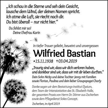 Traueranzeige von Wilfried Bastian von Mitteldeutsche Zeitung Halle/Saalkreis