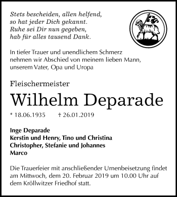 Traueranzeige von Wilhelm Deparade von Mitteldeutsche Zeitung Halle/Saalkreis