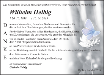Traueranzeige von Wilhelm Helbig von Mitteldeutsche Zeitung Sangerhausen