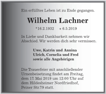 Traueranzeige von Wilhelm Lachner von Super Sonntag Quedlinburg