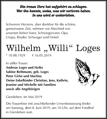 Traueranzeige von Wilhelm Loges von Mitteldeutsche Zeitung
