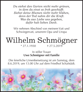 Traueranzeige von Wilhelm Schmögner von WVG - Wochenspiegel Merseburg