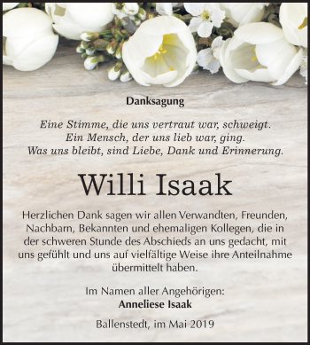 Traueranzeige von Willi Isaak von Mitteldeutsche Zeitung Quedlinburg