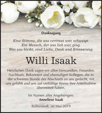 Traueranzeige von Willi Issak von WVG - Wochenspiegel Quedlinburg