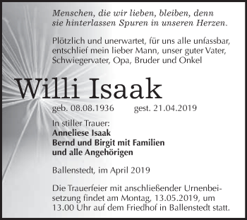 Traueranzeige von Willi Issak von WVG - Wochenspiegel Quedlinburg