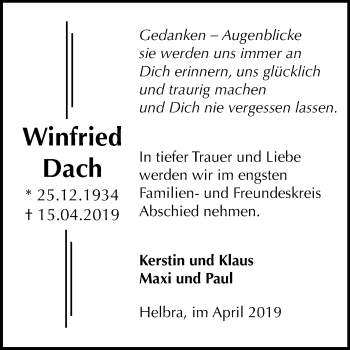 Traueranzeige von Winfried Dach von Mitteldeutsche Zeitung Mansfelder Land