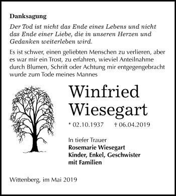 Traueranzeige von Winfried Wiesegart von Mitteldeutsche Zeitung