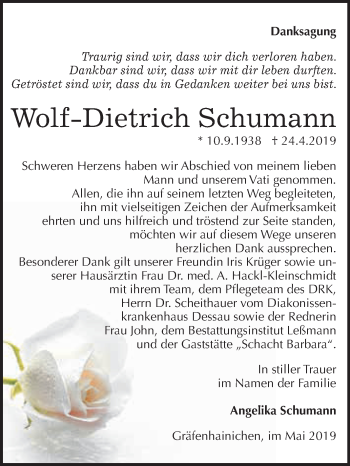 Traueranzeige von Wolf-Dietrich Schumann von WVG - Wochenspiegel Wittenberg