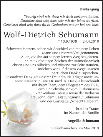 Traueranzeige von Wolf-Dietrich Schumann von Mitteldeutsche Zeitung