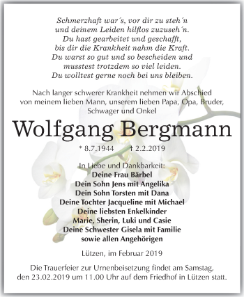 Traueranzeige von Wolfgang Bergmann von Mitteldeutsche Zeitung Weißenfels