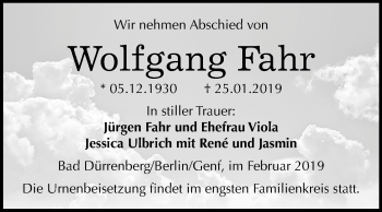 Traueranzeige von Wolfgang Fahr von Mitteldeutsche Zeitung Merseburg/Querfurt