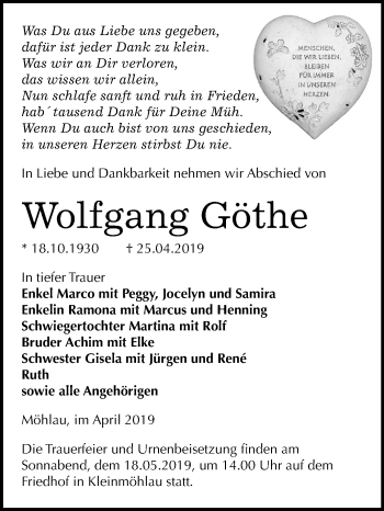 Traueranzeige von Wolfgang Göthe von Mitteldeutsche Zeitung