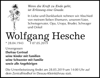 Traueranzeige von Wolfgang Hesche von WVG - Wochenspiegel Dessau / Köthen