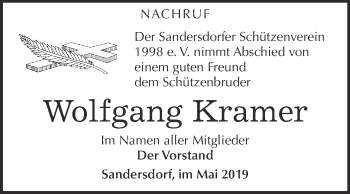 Traueranzeige von Wolfgang Kramer von WVG - Wochenspiegel Bitterfeld