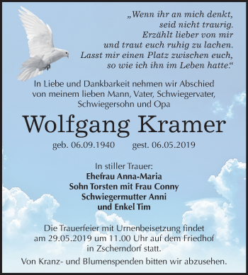 Traueranzeige von Wolfgang Kramer von Mitteldeutsche Zeitung Bitterfeld