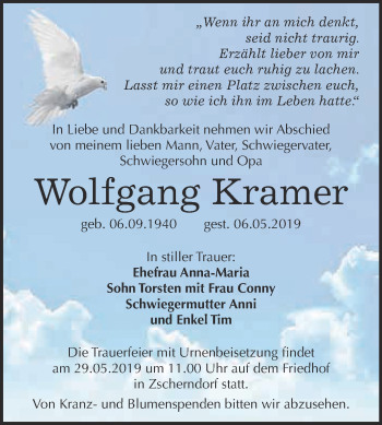 Traueranzeige von Wolfgang Kramer von WVG - Wochenspiegel Bitterfeld
