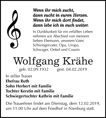 Traueranzeige von Wolfgang Krähe von Mitteldeutsche Zeitung Bernburg