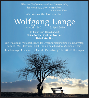 Traueranzeige von Wolfgang Lange von Mitteldeutsche Zeitung Weißenfels