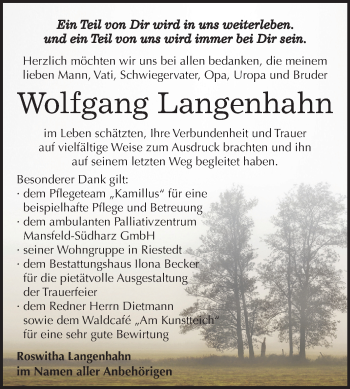 Traueranzeige von Wolfgang Langenhahn von Mitteldeutsche Zeitung Sangerhausen