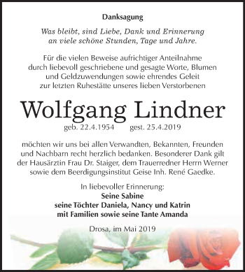 Traueranzeige von Wolfgang Lindner von WVG - Wochenspiegel Dessau / Köthen