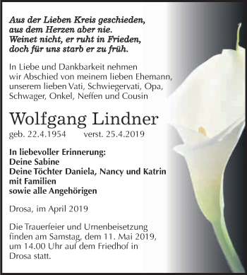 Traueranzeige von Wolfgang Lindner von WVG - Wochenspiegel Dessau / Köthen