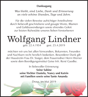Traueranzeige von Wolfgang Lindner von Mitteldeutsche Zeitung Köthen