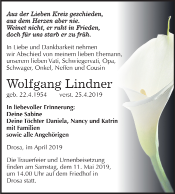 Traueranzeige von Wolfgang Lindner von Mitteldeutsche Zeitung Köthen