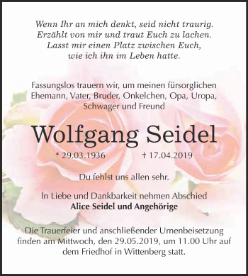 Traueranzeige von Wolfgang Seidel von WVG - Wochenspiegel Wittenberg