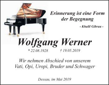 Traueranzeige von Wolfgang Werner von WVG - Wochenspiegel Dessau / Köthen