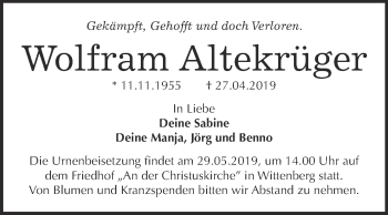 Traueranzeige von Wolfram Altekrüger von Super Sonntag Wittenberg