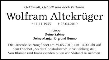 Traueranzeige von Wolfram Altekrüger von Mitteldeutsche Zeitung