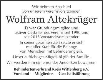 Traueranzeige von Wolfram Altekrüger von Super Sonntag Wittenberg