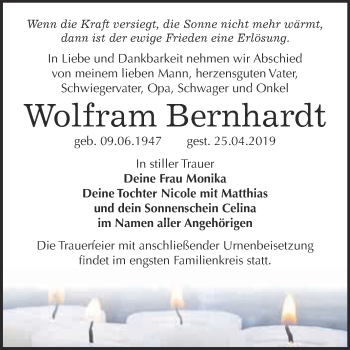 Traueranzeige von Wolfram Bernhardt von WVG - Wochenspiegel Wittenberg