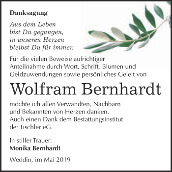 Traueranzeige von Wolfram Bernhardt von WVG - Wochenspiegel Wittenberg