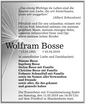 Traueranzeige von Wolfram Bosse von Mitteldeutsche Zeitung