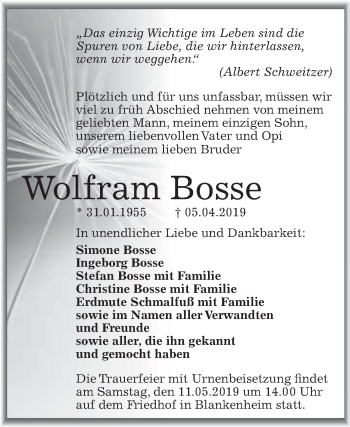 Traueranzeige von Wolfram Bosse von Super Sonntag SGH Mansf. Land