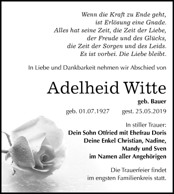 Traueranzeige von Adelheid Witte von Mitteldeutsche Zeitung Bitterfeld