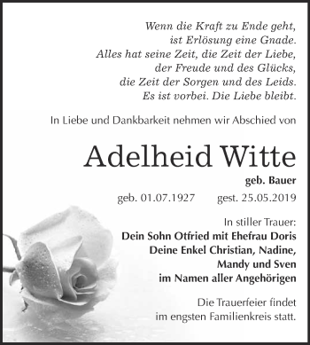Traueranzeige von Adelheid Witte von WVG - Wochenspiegel Bitterfeld