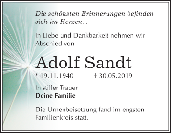 Traueranzeige von Adolf Sandt von Mitteldeutsche Zeitung Mansfelder Land