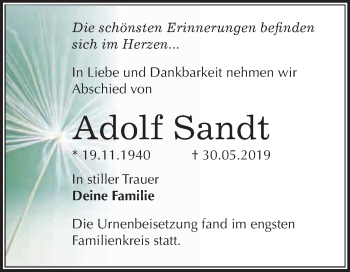 Traueranzeige von Adolf Sandt von Super Sonntag SGH Mansf. Land