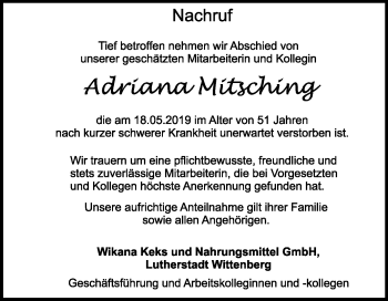 Traueranzeige von Adriana Mitsching von Mitteldeutsche Zeitung