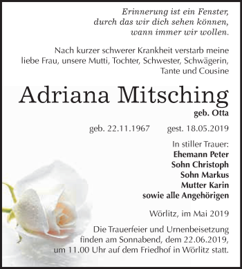 Traueranzeige von Adriana Mitsching von WVG - Wochenspiegel Wittenberg