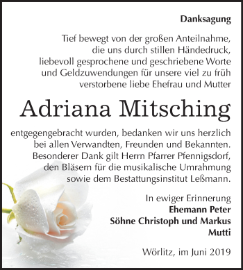 Traueranzeige von Adriana Mitsching von Mitteldeutsche Zeitung