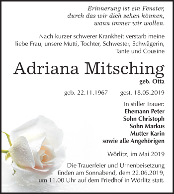 Traueranzeige von Adriana Mitsching von Mitteldeutsche Zeitung