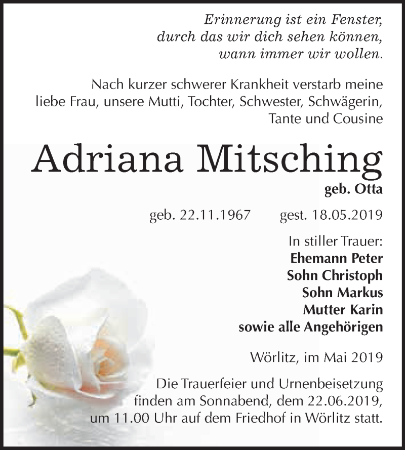  Traueranzeige für Adriana Mitsching vom 08.06.2019 aus WVG - Wochenspiegel Wittenberg