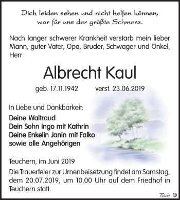 Traueranzeige von Albrecht Kaul von Mitteldeutsche Zeitung Weißenfels