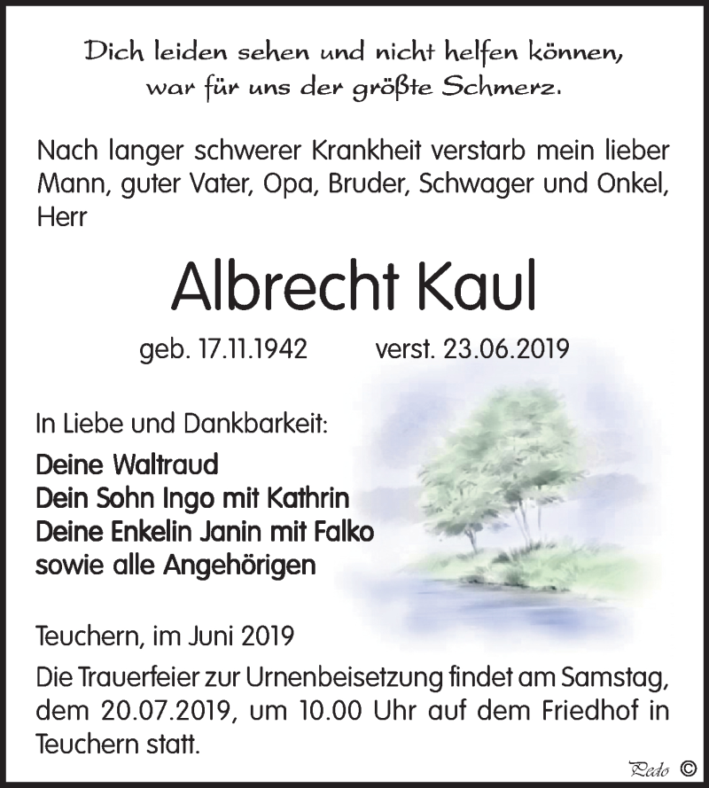  Traueranzeige für Albrecht Kaul vom 29.06.2019 aus Mitteldeutsche Zeitung Weißenfels