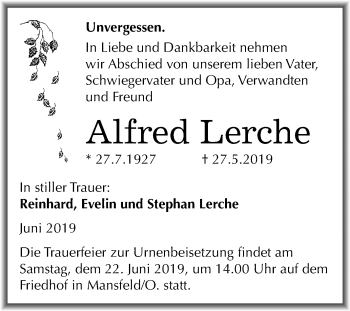 Traueranzeige von Alfred Lerche von Mitteldeutsche Zeitung