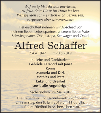 Traueranzeige von Alfred Schaffer von Mitteldeutsche Zeitung Aschersleben